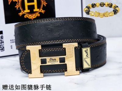 1:1  Hermes Black Leather Belt with Gold 'H' buckle  Steel  Buckle 3.8cm